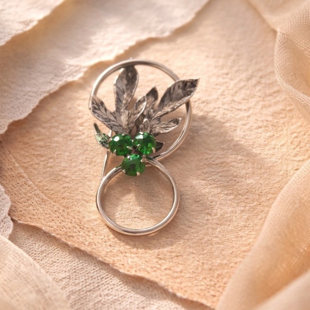 Vintage Gerrys Sterling Silver Leaf Brooch Green Rhinestone Berry Pin MCM